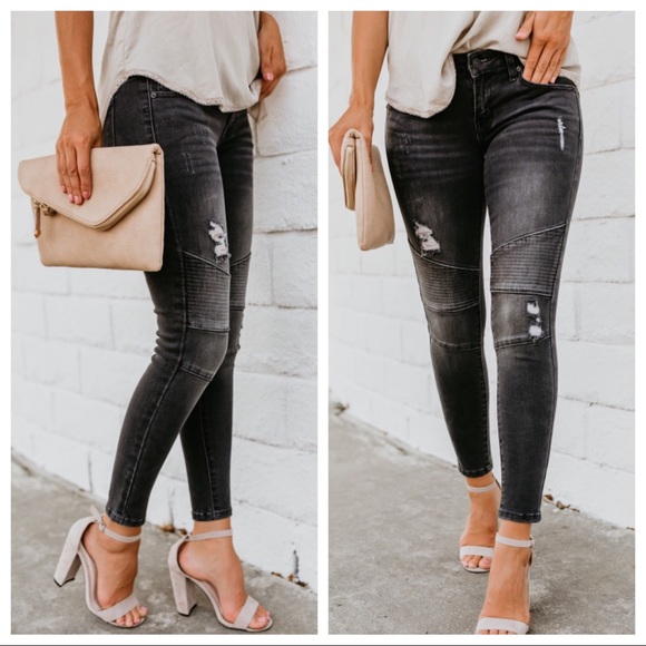 Denim Distressed Moto Skinnies - Picture 3 of 8